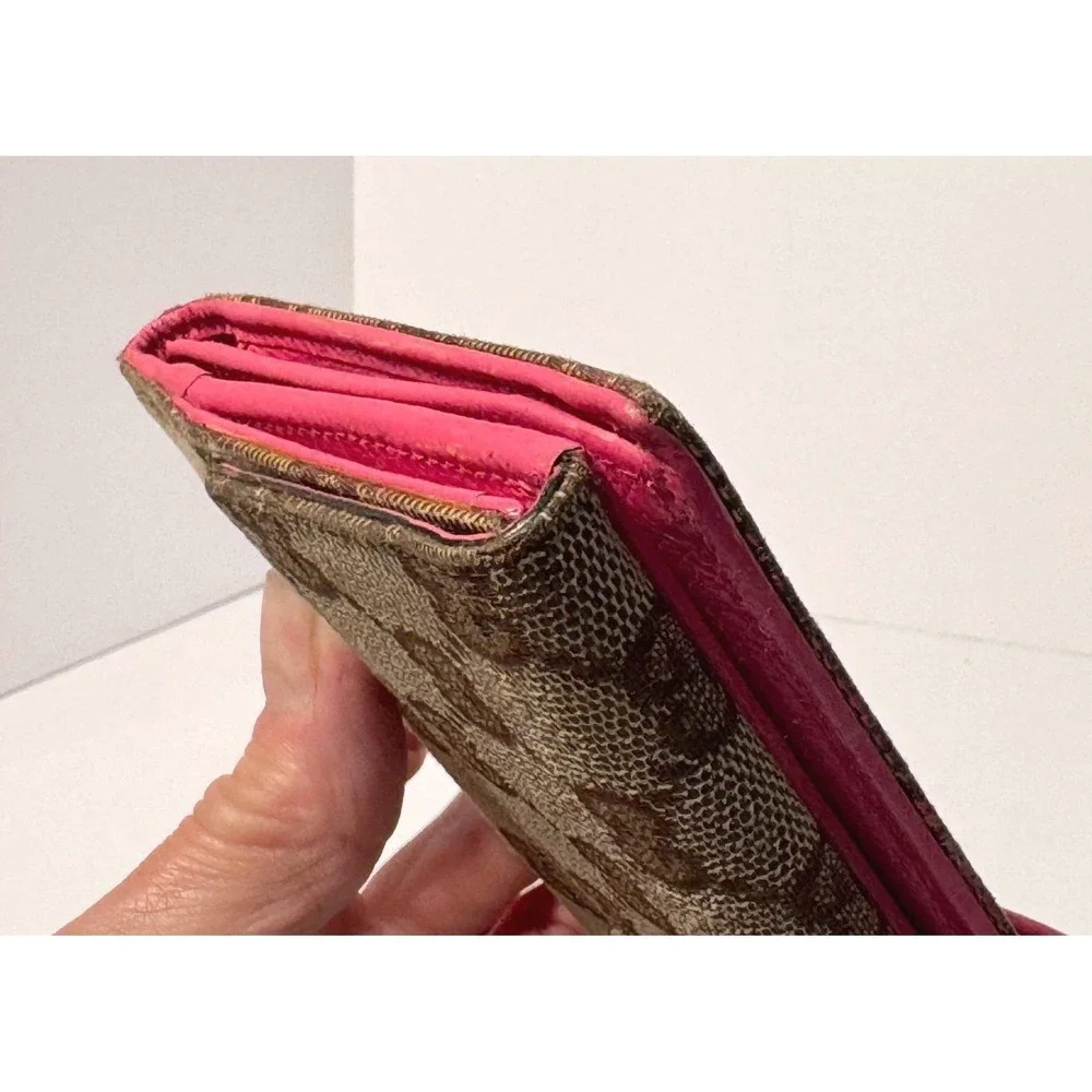 Gucci Eclipse long wallet tri fold w/ gold snap close brown canvas & pinkleather